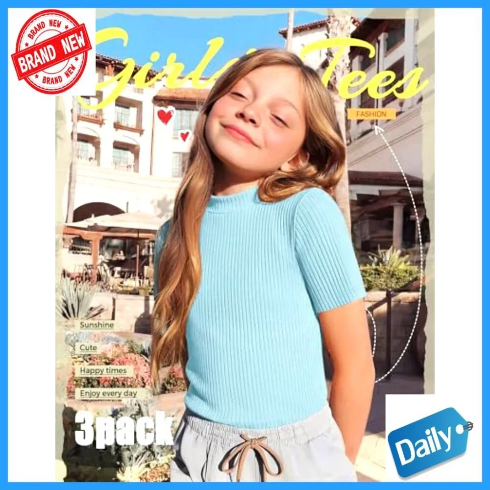 3 Pack Girls Mock Neck Ribbed Tees Slim Fit Short Sleeve Tops